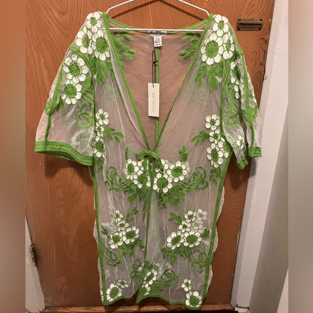 Rachel Zoe Sheer Cover-Up with Green  & White Floral Embroidery (OS)